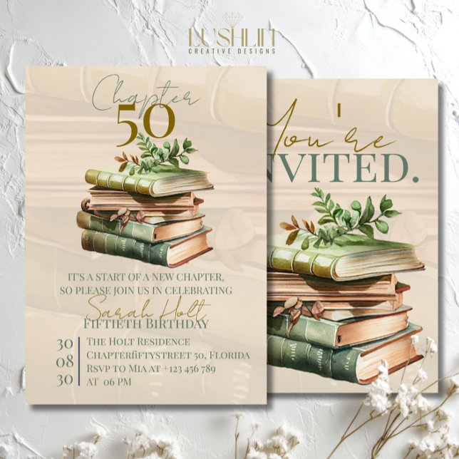 Chapter 50 Birthday | Stacked Books & Leaves  Invitation (Creator Uploaded)