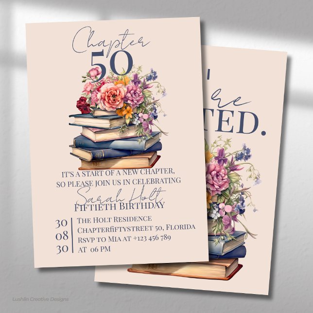 Chapter 50 Birthday Stacked Books with Flowers Invitation (Creator Uploaded)