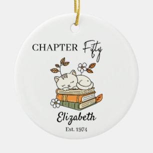 Chapter 50 Cat Book Ornament, Gifts for Turning 50 Ceramic Ornament