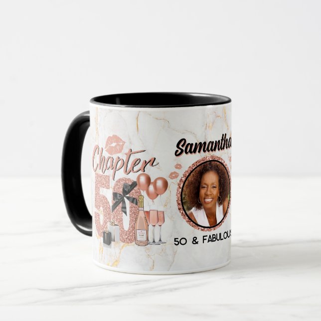 Chapter 50 Rose Gold 50th Elegant Birthday Photo Mug (Front Left)