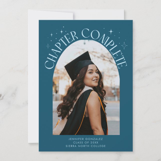 Chapter Complete Teal Arch Frame Photo Grad Announcement (Front)