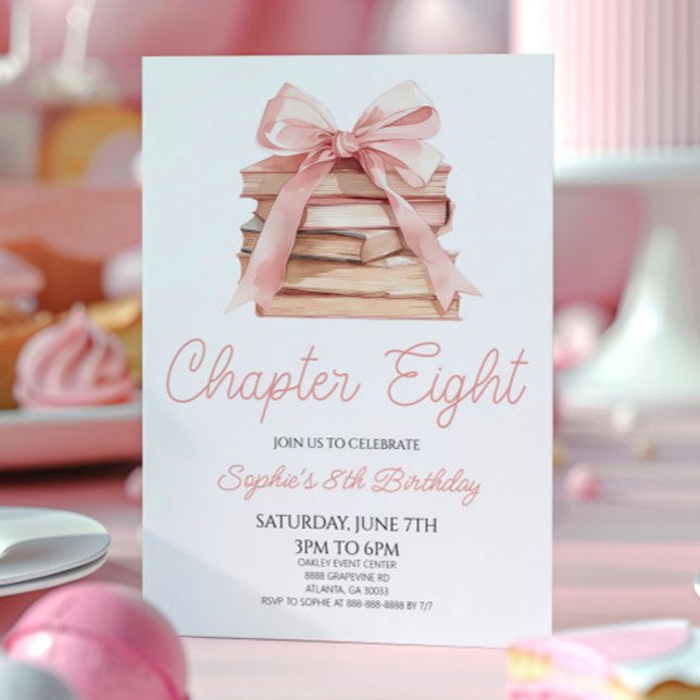 Chapter Eight Pink Bow Books 8th Birthday Party Invitation (Creator Uploaded)