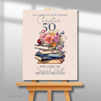 Chapter Fifty Birthday Stacked Books with Flowers Poster
