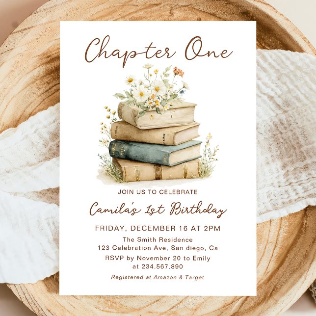 Chapter One Floral Books 1st Birthday Invitation (Creator Uploaded)