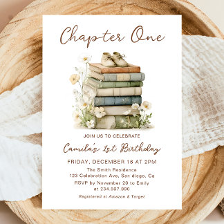 Chapter One Floral Books 1st Birthday Invitation
