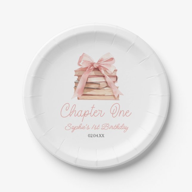 Chapter One Pink Bow Books 1st Birthday Party Paper Plate (Front)