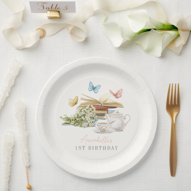 Chapter One Tea Butterfly Storybook 1st Birthday Paper Plate (Wedding)