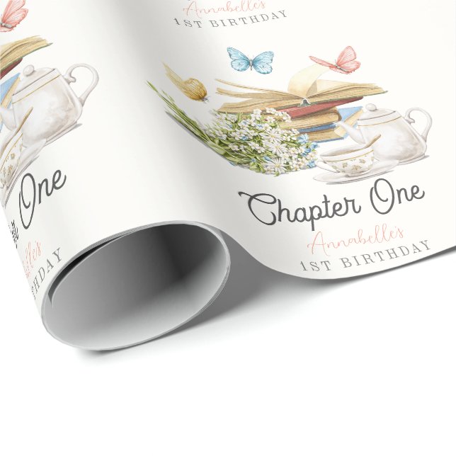 Chapter One Tea Butterfly Storybook 1st Birthday Wrapping Paper (Roll Corner)