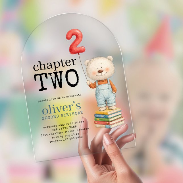 Chapter Two Teddy Bear Books Boy 2nd Birthday Acrylic Invitations (Creator Uploaded)