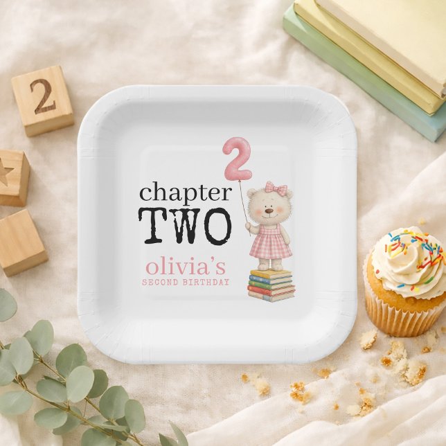 Chapter Two Teddy Bear Books Girl 2nd Birthday Paper Plate (Creator Uploaded)