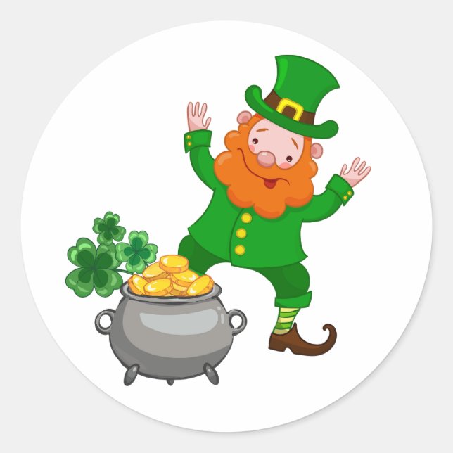 Character cheerful leprechaun with pot classic round sticker (Front)