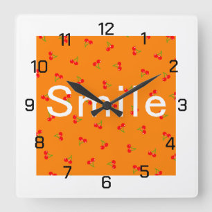 Character Custom Smile Cherry Orange Square Wall Clock