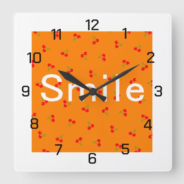 Character Custom Smile Cherry Orange Square Wall Clock (Front)