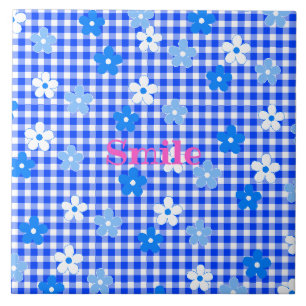 Character Customization Flower Gingham Check Blue Ceramic Tile