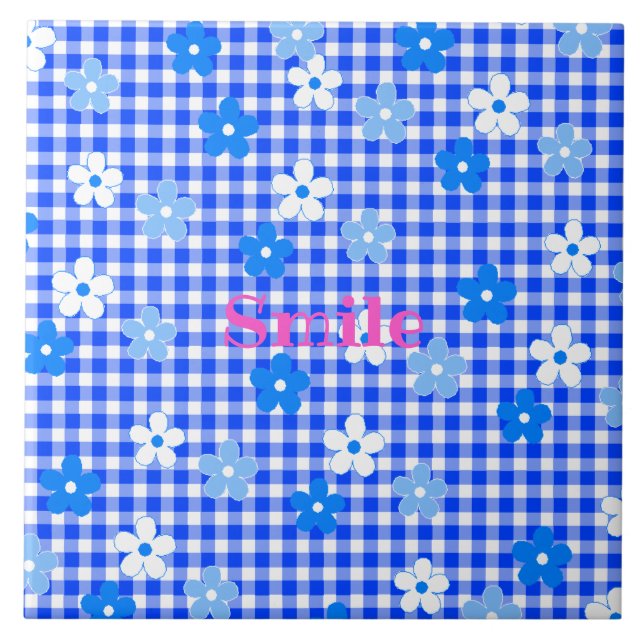 Character Customization Flower Gingham Check Blue Ceramic Tile (Front)