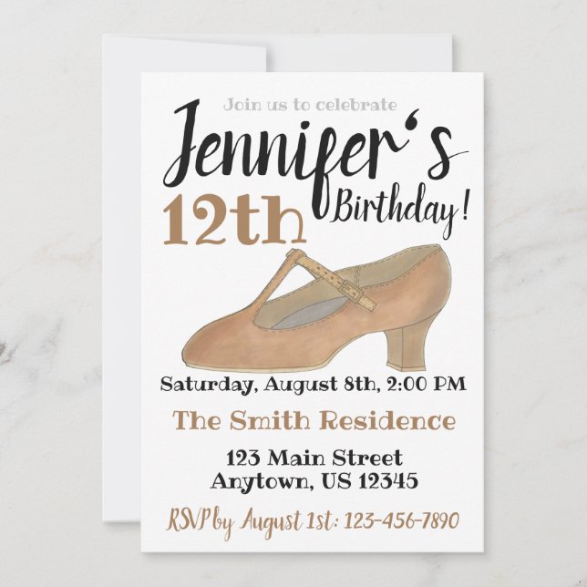 Character Tan T-Strap Dance Shoe Birthday Party  Invitation (Front)