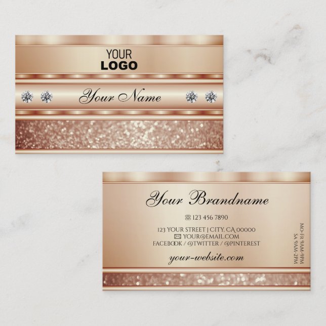 Characteristic Rose Gold Glitter Diamonds and Logo Business Card (Front/Back)