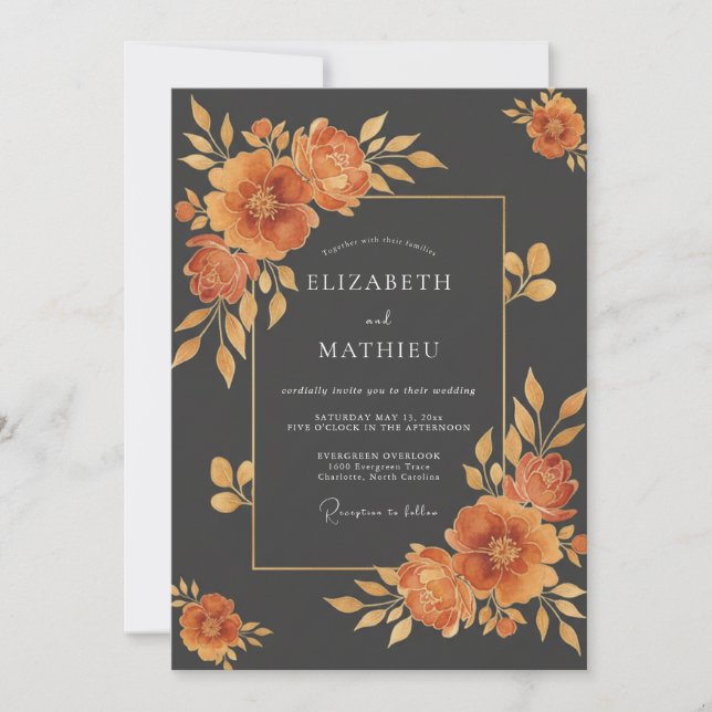 Charcoal Amber Wildflower Wedding Invitation (Front)
