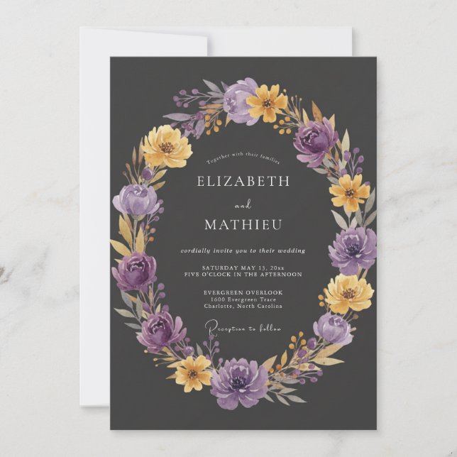 Charcoal Amethyst Ranunculus Eucalyptus Wedding Invitation (Front)