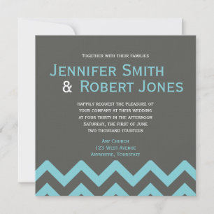 Charcoal and Aqua Chevron Posh Wedding Invitation