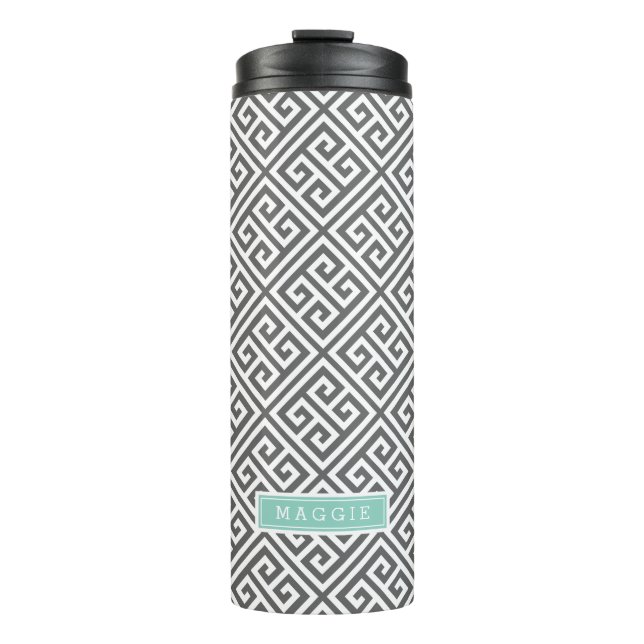 Charcoal and Aqua Greek Key Monogram Thermal Tumbler (Front)