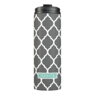 Charcoal and Aqua Moroccan Quatrefoil Monogram Thermal Tumbler