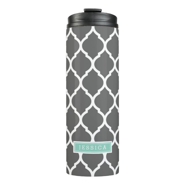 Charcoal and Aqua Moroccan Quatrefoil Monogram Thermal Tumbler (Front)