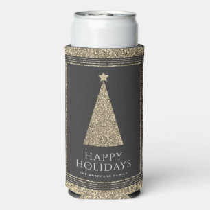 Charcoal and Copper Gold Glitter Christmas Tree Seltzer Can Cooler