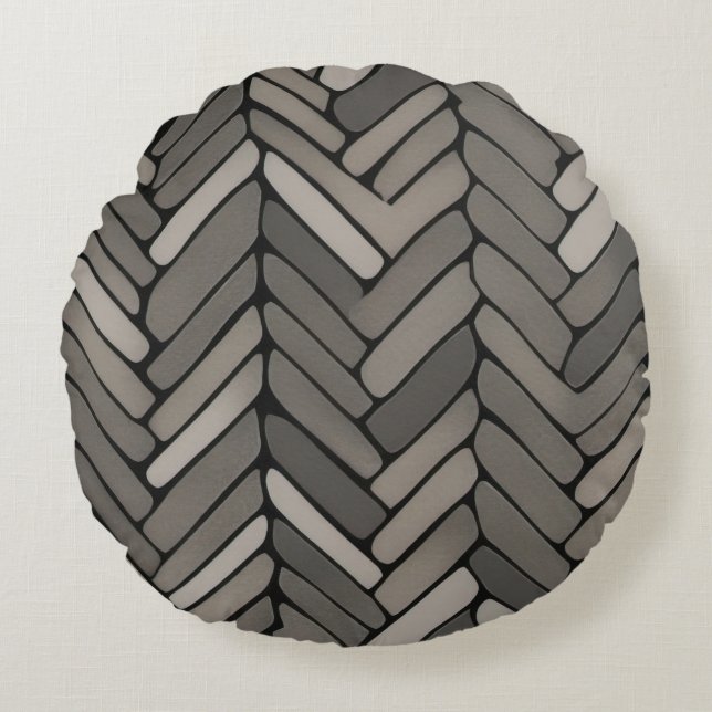 Charcoal and Grey Herringbone Elegant Geometric  Round Cushion (Front)