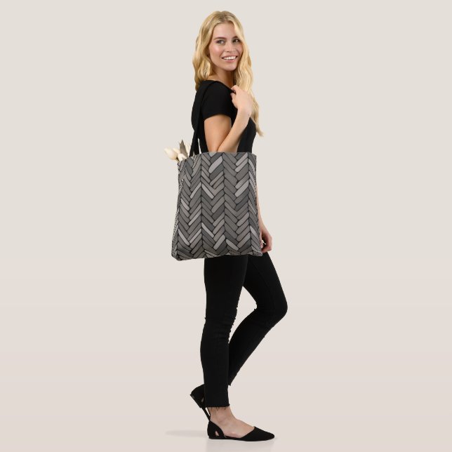 Charcoal and Grey Herringbone Elegant Geometric  Tote Bag (On Model)