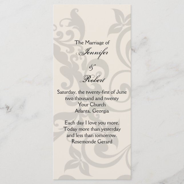 Charcoal and Ivory Filigree Wedding Program (Front)
