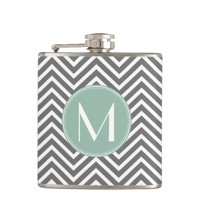 Charcoal and Mint Green Chevrons Custom Monogram Hip Flask (Front)
