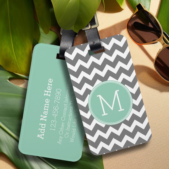 Charcoal and Mint Green Chevrons Custom Monogram Luggage Tag (Personalized luggage tag - Add Your contact information and monogram)