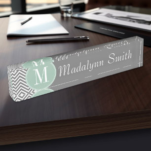 Charcoal and Mint Green Chevrons Custom Monogram Nameplate