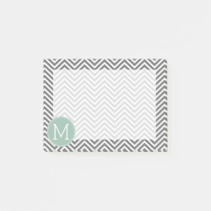 Charcoal and Mint Green Chevrons Custom Monogram Post-it Notes