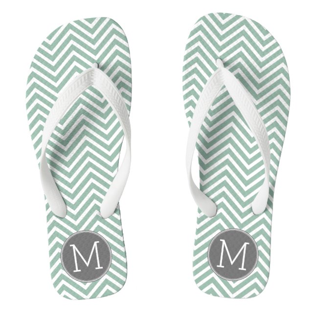 Charcoal and Mint Green Chevrons Custom Monogram Thongs (Footbed)