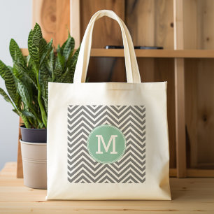Charcoal and Mint Green Chevrons Custom Monogram Tote Bag