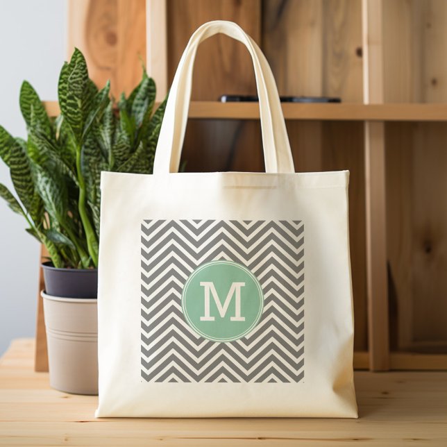 Charcoal and Mint Green Chevrons Custom Monogram Tote Bag (Personalized tote bag with  monogram)
