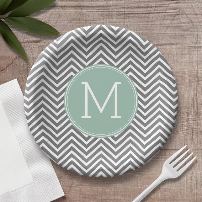 Charcoal and Mint Green Chevrons Monogram Paper Plate (Personalized birthday plate with monogram)