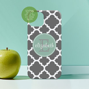 Charcoal and Mint Quatrefoil Pattern Monogram iPhone 16 Case