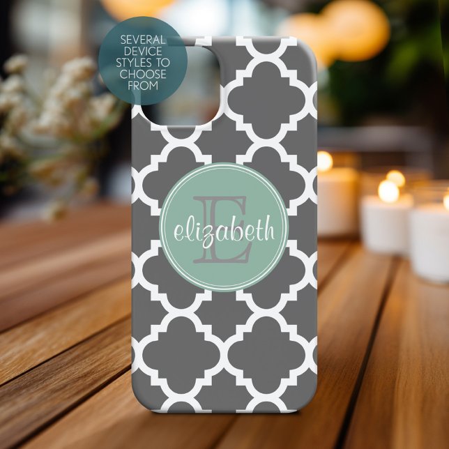 Charcoal and Mint Quatrefoil Pattern Monogram Case-Mate iPhone Case (Personalized Phone Case with a Name and Monogram)
