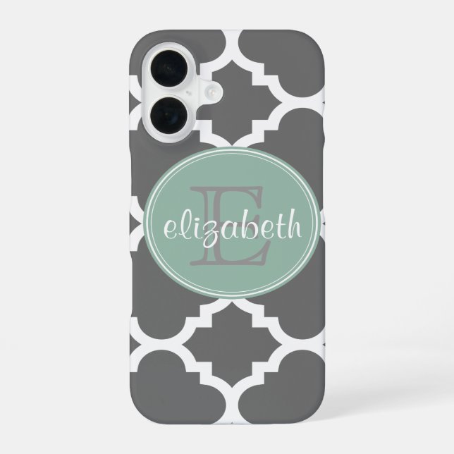 Charcoal and Mint Quatrefoil Pattern Monogram iPhone 16 Case (Back)