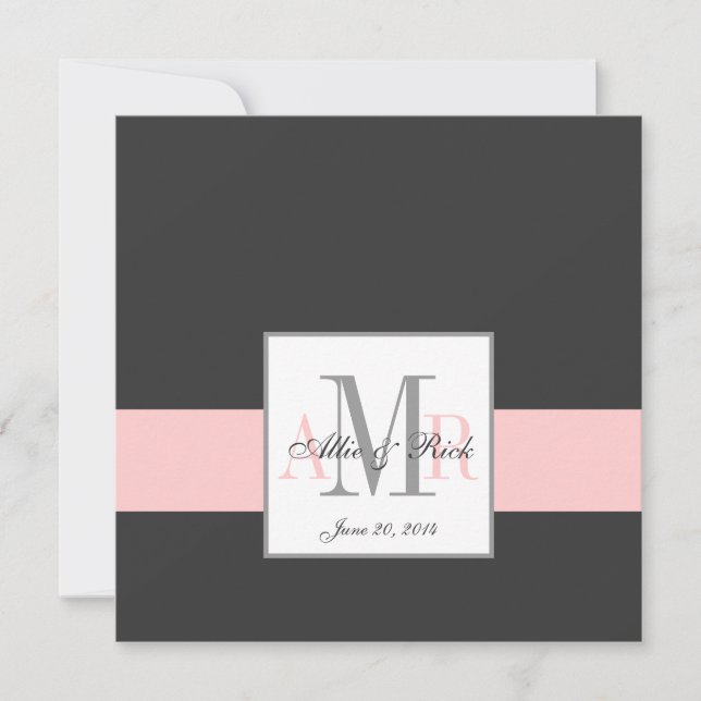 Charcoal and Pink Monogram Wedding Invitation (Front)