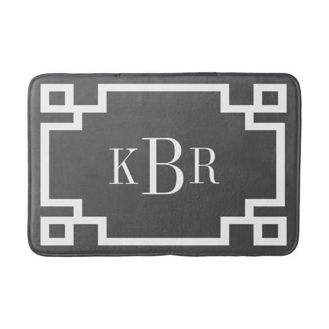 Charcoal and White Greek Key Custom Monogram Bath Mat (Front)