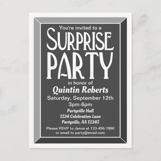 Charcoal Art Deco Beveled Birthday Surprise Party Invitation Postcard (Front)