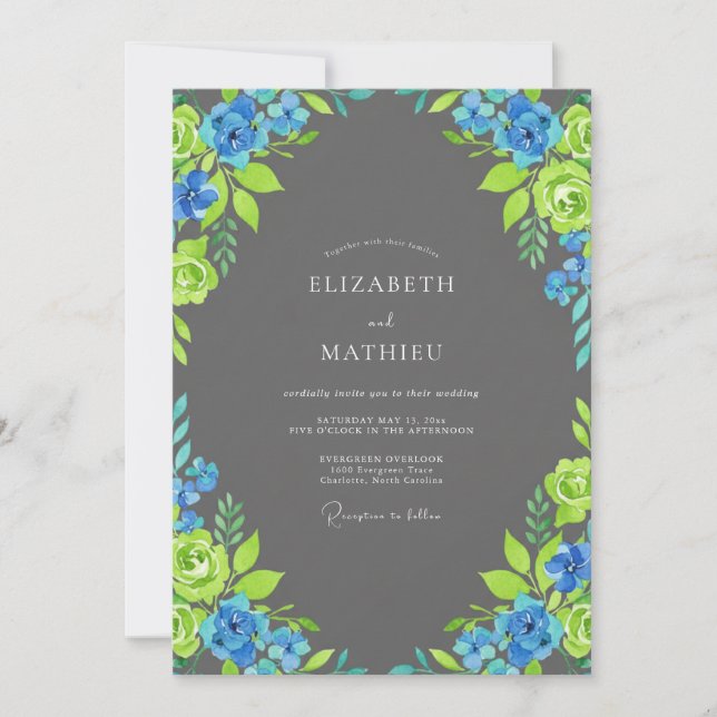 Charcoal Azure Lime Petal Wedding Invitation (Front)