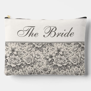 Charcoal Black and White Etched Flowers Classic Accessory Pouch