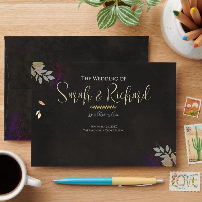 Charcoal Black Botanical Velvet Luxury Wedding Envelope (Desk)