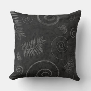 Charcoal Black Graphic Shell and Fern Leaf Fossil Cushion