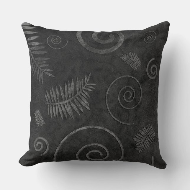 Charcoal Black Graphic Shell and Fern Leaf Fossil Cushion (Front)